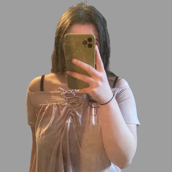 Blush Pink Off-Shoulder Lace-Up Top - Picture 2 of 4